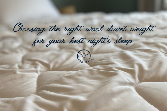 Close up photo of quilted duvet with the text Choosing the right wool duvet weight for your best nights' sleep, with a Revolution Wool Company logo
