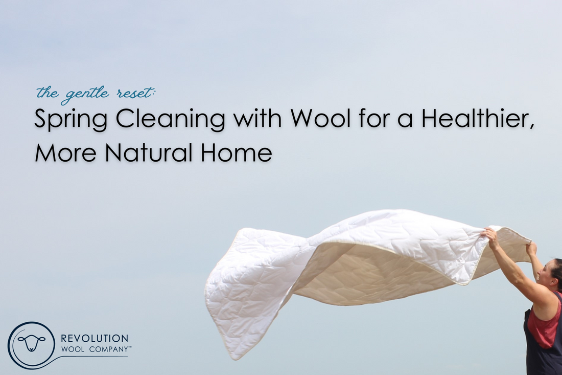 Woman shaking out a wool duvet in front of a blue sky