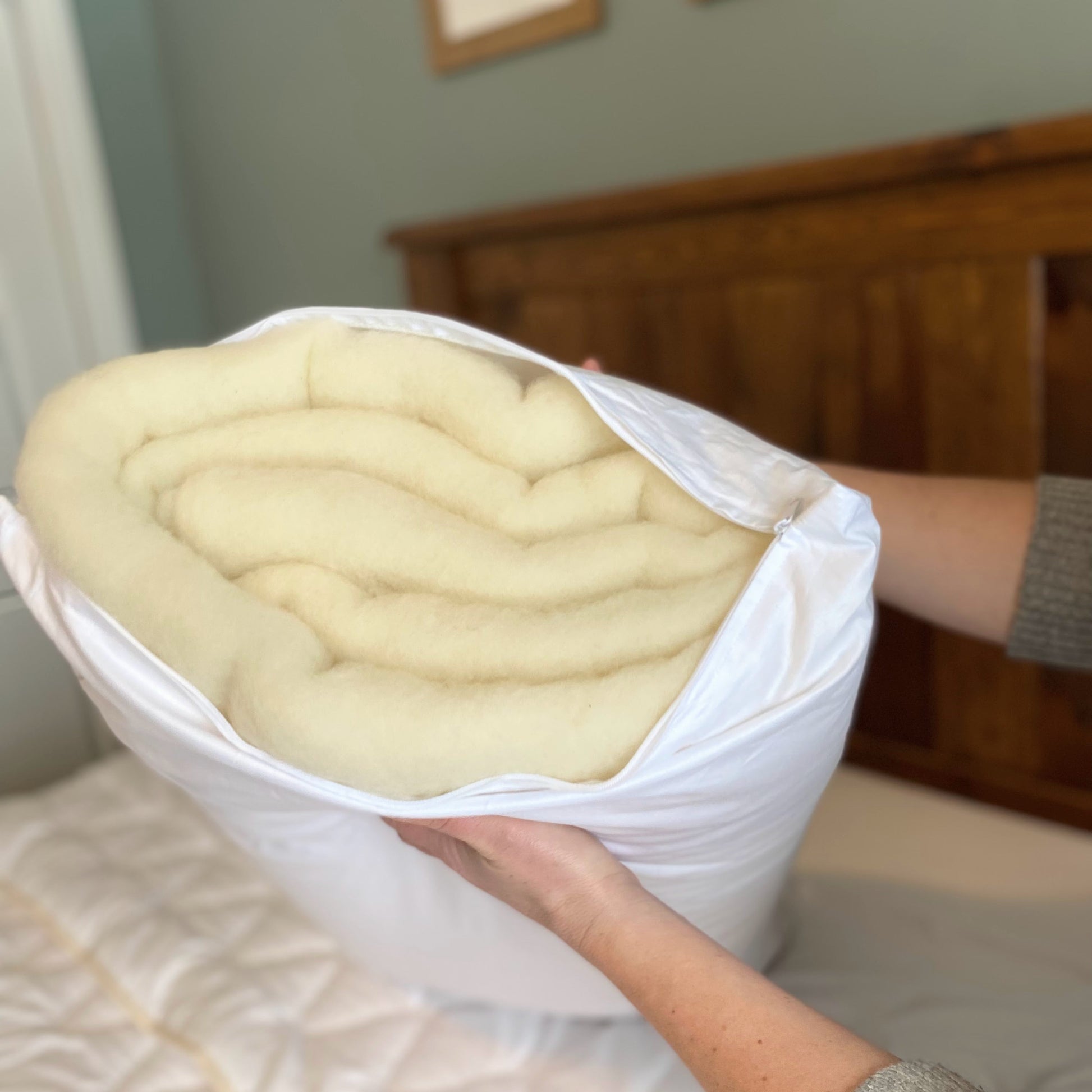 Person holding a opened pillow to show the rolled layers of wool inside the pillow.