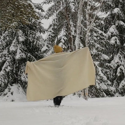 Person walking through a snowy forest with a large beige blanket